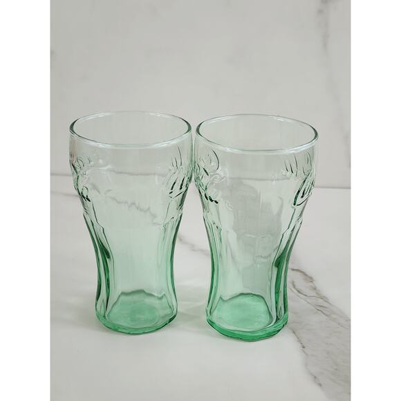 Coca Cola Coke Green Mini Glass 6.25 oz Drinking Glasses 4 1/4" Logo Embossed x2 - Picture 4 of 12